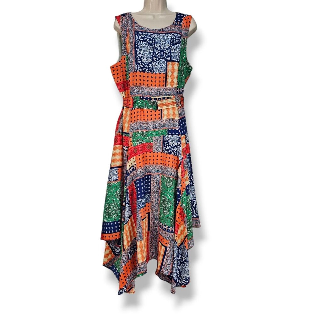 Calvin Klein Patchwork Asymmetric Belted Midi Dress Sz 16 Boho Eclectic Folk